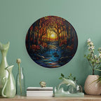 Stained Glass Theme Decorative Ceramic Plate Round Porcelain Plate,7 inch,Sunset Forest Stream Pattern,for Decorative Ornaments Giving Plates, 1 Plate with 1 Display Stand,Orange Blue
