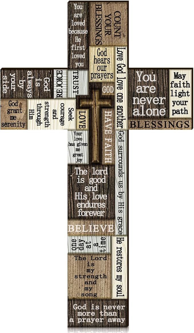 Wooden Cross Wall Decor 14 Inch Christians Wall Art Sign Religious Faith Easter Crosses Plaque with Inspirational Words and Saying Hanging Wood Cross Decor for Home Party Indoor Outdoor Farmhouse