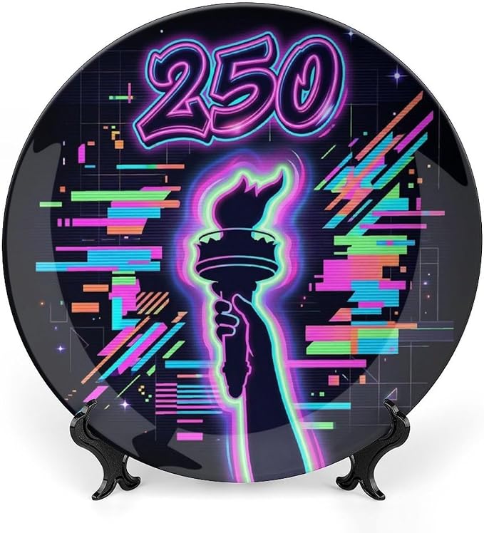 250th Anniversary Decorative Plates 8 Inch Patriotic Decorations Liberty Neon Glitch Commemorative Plates with Stand Memorial Day 4th of July Veterans Day Home & Office