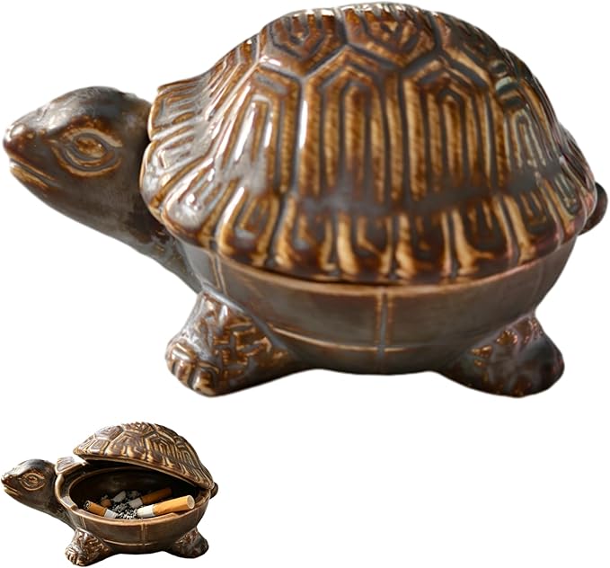 Turtle-Shaped Ceramic Ashtray with Lid, Windproof Design for Indoor/Outdoor Use – Desktop Organizer for Cigarettes, Coins & Keys – Home & Office Decor, Unique Creative Gift