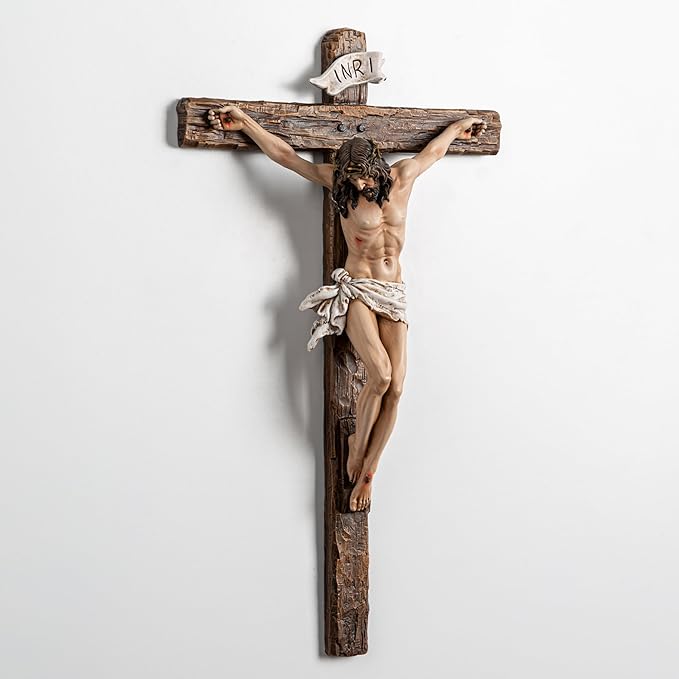 DevotedWalls Realistic Wall Crucifix,Lifelike Jesus Crucifixion Statue,12"H Resin Detailed Wood-looking Cross with Corpus,Hand Painted Jesue INRI Wall Cross for House,Catholic Gift Home Decor (Full Color）