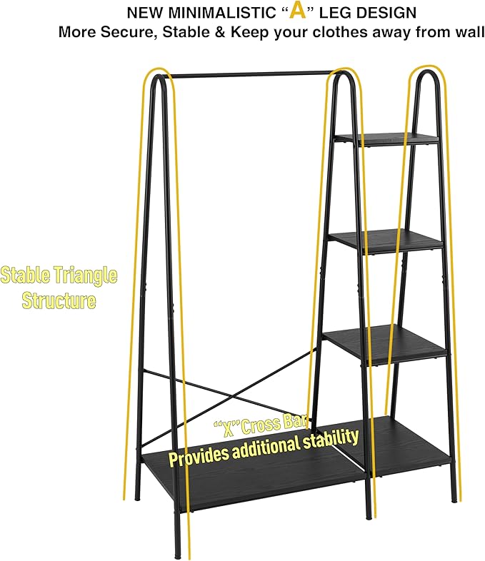 Finnhomy Rustic Clothes Rack, Clothing Rack for Hanging Clothes Heavy Duty Garment Rack with 5 Wood Shelves Freestanding Portable Closet Organizer for Bedroom/Entryway/Boutiques，Matte Black