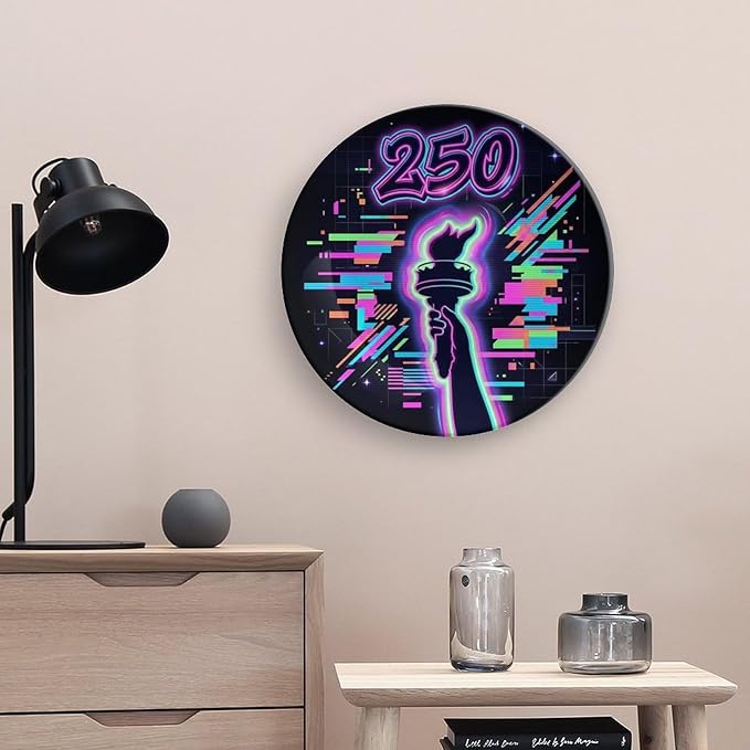 250th Anniversary Decorative Plates 10 Inch Patriotic Decorations Liberty Neon Glitch Commemorative Plates with Stand Memorial Day 4th of July Veterans Day Home & Office