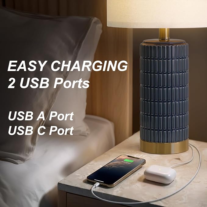 PoKat 21.5'' Bedside Table Lamps Set of 2 with USB A+C Ports for Living Room, Ceramic Modern Lamps for Bedroom, Small Nightstand Lamps for Office Guest Room Hallway Sideboard Gift Decor (Blue)