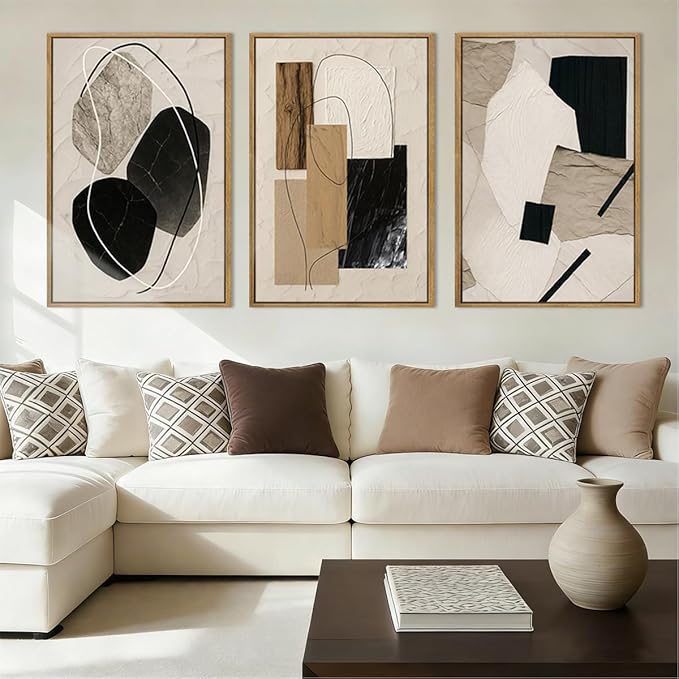 BINCUE Abstract Modern Wall Art Framed Neutral Wall Paintings Elegant Modern Artwork Abstract Neutral Wall Pictures for Living Room Bedroom Bathroom Office 16x24 Inch Set of 3 Gift