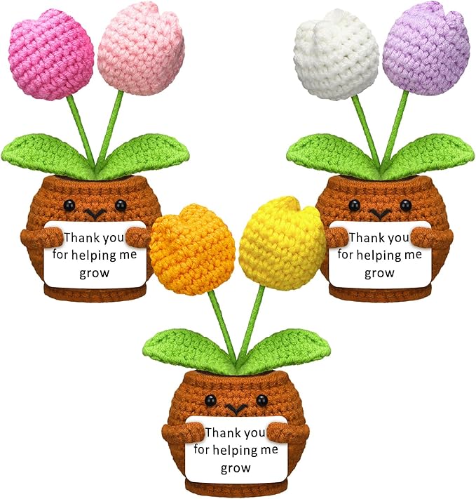Wavwavw 3 Pack Teacher Appreciation Gift Positive Flower Handmade Crochet Doll Thank You for Helping Me Grow Gifts Back to School Gifts for Women Teacher(Tulip)