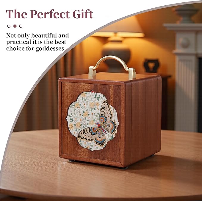 Wooden Jewelry Box for Women 4 Tier Walnut Wooden Jewelry Box with handle (Butterfly Prints B)