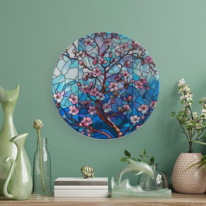 Stained Glass Theme Decorative Ceramic Plate Round Porcelain Plate,6 inch,Cherry Tree Pattern,for Decorative Ornaments Giving Plates, 1 Plate with 1 Display Stand,Blue Pink