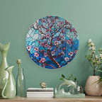 Stained Glass Theme Decorative Ceramic Plate Round Porcelain Plate,10 inch,Cherry Tree Pattern,for Decorative Ornaments Giving Plates, 1 Plate with 1 Display Stand,Blue Pink