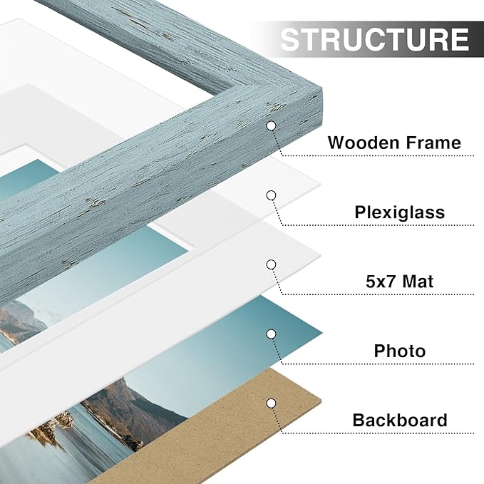 Vittanly 8x10 Picture Frames Set of 9, Shatter Resistant Plexiglass, Display 5x7 Pictures with Mat or 8x10 without Mat, Photo Frames for Wall or Tabletop, Engineered Wood, Rustic Blue
