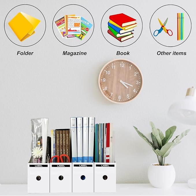 Limitliho 2 Pack White Magazine Holde, Vertical Book Bins for Classroom and Library Use, 10.6'' ×10.2'' ×3.5'' Inch Vertical File Folder Box