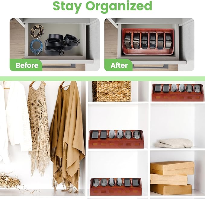 Large Adjustable Bamboo Belt Organizer Box, 6 Grids Belt Rack, Belt Organizer for Closet Shelf and Drawer, Tie and Belt Storage Organizer Wall Mount and Displayer for Men Women Father Day (Brown)