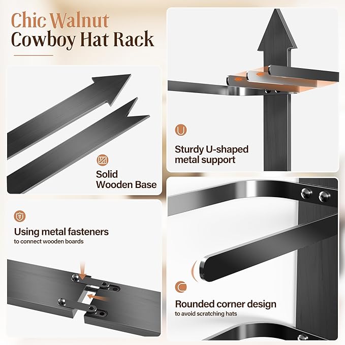 Cowboy Hat Rack for Wall, Cowboy Hat Holder Wall Mount Holds up to 4 Hats, Wooden Western Rustic Metal Hat Hanger with Arrow Sign Board, Hat Organizer for Cowboyhat, Fedora,Sun Hats 2 Pack