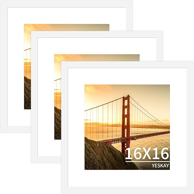 16x16 Picture Frame 3 Pack - White Poster Frame Display Pictures 12x12 with Mat or 16 x 16 Without Mat for Wall Hanging Horizontal and Vertical