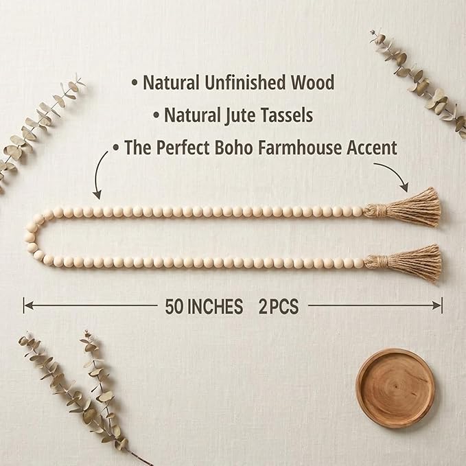 RAINFLOW Wood Bead Garland with Tassels - 2PCS Farmhouse Rustic Country Decorative Beads Home Decor, Natural Color, 50inch 14mm 84 Round,Boho,Farmhouse Beads Wall Hanging Decor
