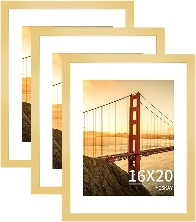 16x20 Picture Frame Gold Set of 3, Display Pictures 11x14 with Mat or 16 x 20 Without Mat, Poster Frames 16x20 for Wall Hanging Horizontal and Vertical