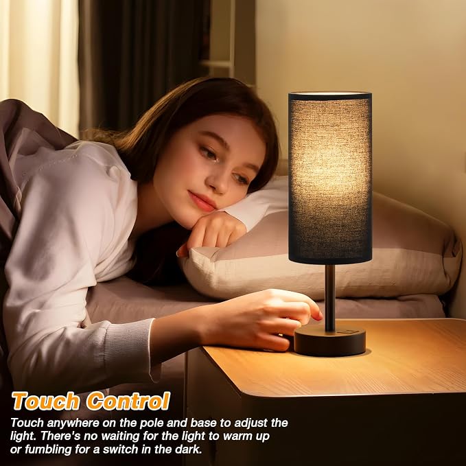 Dicoool Black Touch Bedroom Lamp with USB - 3 Way Dimmable Table Lamp for Bedroom, Nightstand Lamp with Black Charging Station for Desk Dorm, Office, Boy Kids Room, Small