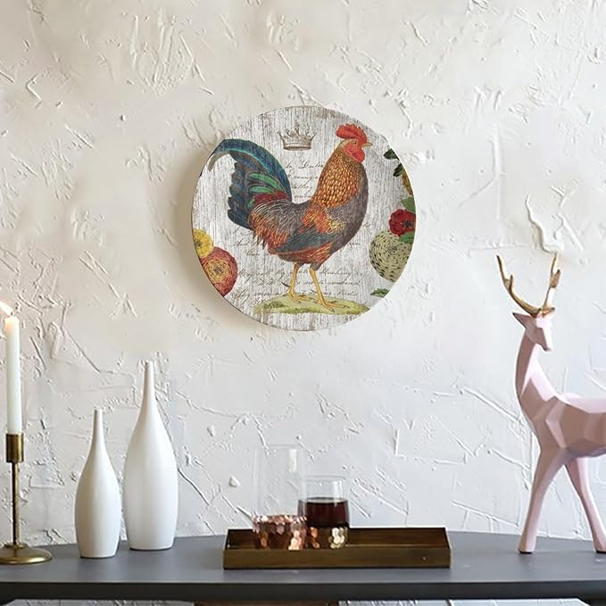 Rooster Decorative Plates, 10 Inch, Crown Chicken In Flowers Round Display Plate, Hanging Decorative Plate with Display Stand, for Home Kitchen Bedroom Decorative Ornaments