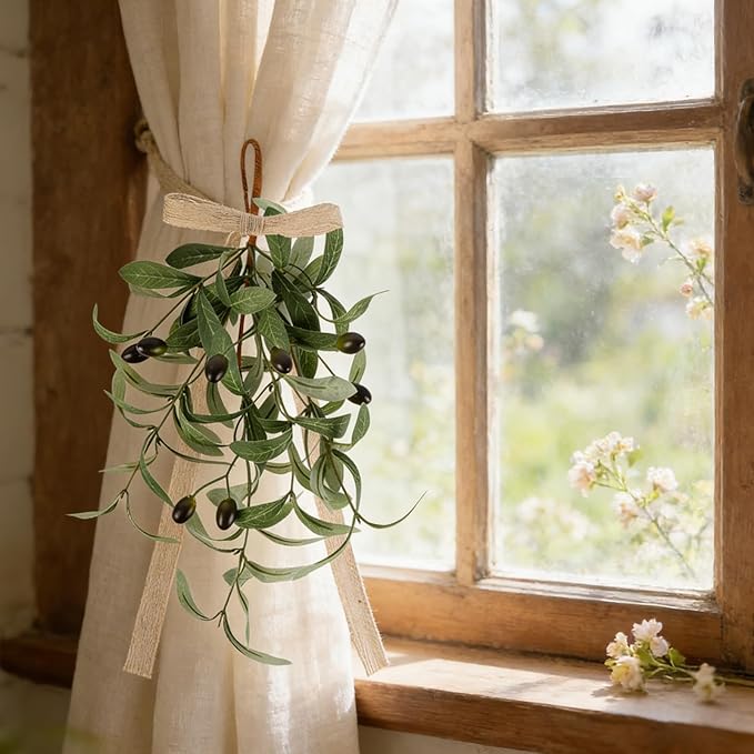 6 PCS Spring Summer Teardrop Swag Chandelier Rings Wreaths Decoration with Bow Artificial Green Olive Sconce Lighting Swag Wreath Greenery Candlestick Wreath for Farmhouse Wall Cabinet Holidays Decor