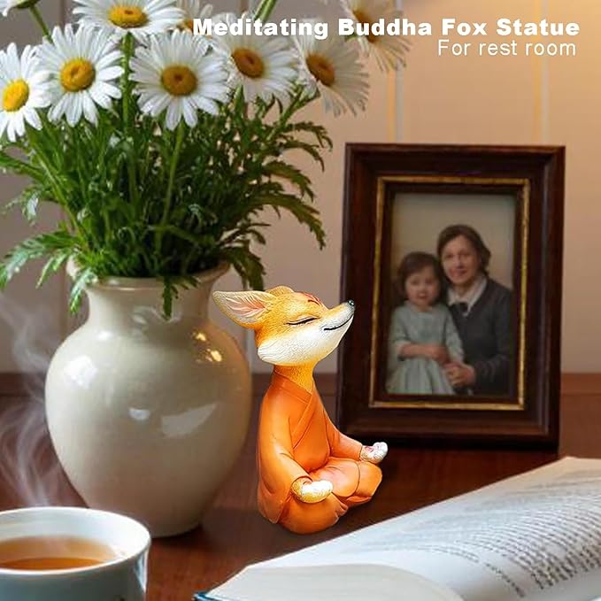 Orange Resin Meditating Fox Statue, Zen Yoga Figurine, Feng Shui Decor for Desktop Bookshelf Indoor Outdoor Plants Home Garden, Spiritual Gifts for Yoga & Meditation Lovers