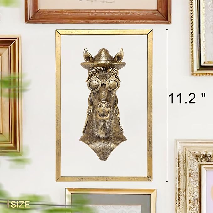 Newinhome Animal Heads Wall Decor (Includes Metal Frame) Resin Animals Sculptures Head Wall Hanging Decoration Gold vintage Wall Sculpture for Living Room Bedroom Office(Horse)