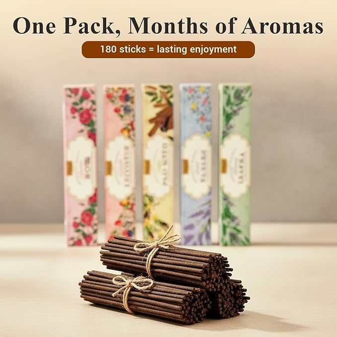 Tulasi Natural Incense Sticks Assorted/Variety Pack – 180 Hand-Rolled Sticks, 12 Fragrances | Lavender, White Sage, Sandalwood, Palo Santo, Rose | Aromatherapy & Meditation