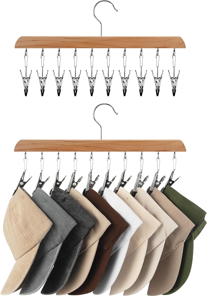 StorageWorks Hat Rack, Closet Organizer and Storage for Baseball Caps,Set of 2 with 10 Adjustable Stainless Steel Clips, Fits All Caps, Natural Wood Color