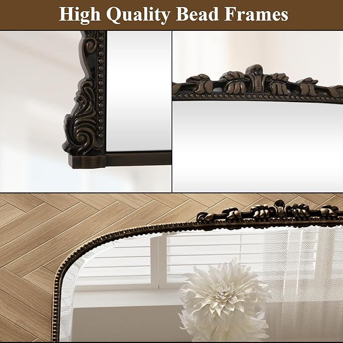 Wall Beaded Mirror, 36 x 27 Inch Round Top Right Angle Wall Mirror, Tempered Glass, Rust Resistant, Horizontally or Vertically Hanging, Bronze