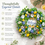Spring Summer Wreaths for Front Door 24 Inch,Summer Wreath with Artificial Lemon,Daisy,Hydrangea & Lotus Pods,Door Wreath for Indoor Outdoor Farmhouse Home Decor