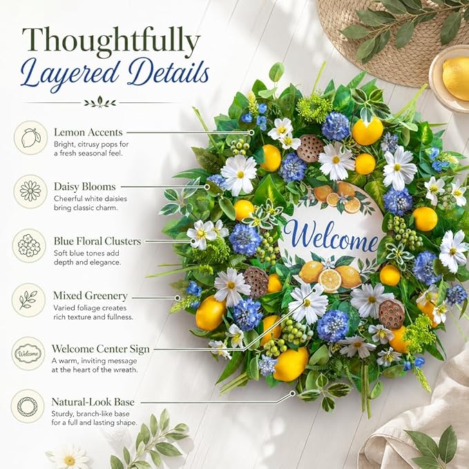 Spring Summer Wreaths for Front Door 24 Inch,Summer Wreath with Artificial Lemon,Daisy,Hydrangea & Lotus Pods,Door Wreath for Indoor Outdoor Farmhouse Home Decor