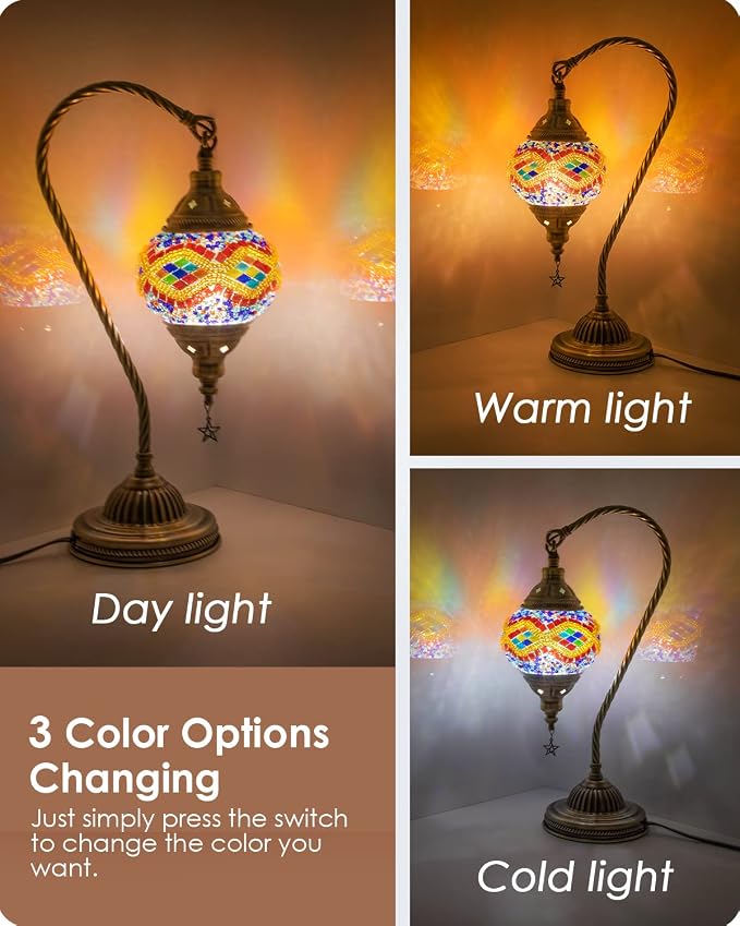 Yarra-Decor Turkish Moroccan Lamp with Bronze Base 3 Color Options Handmade Swan Neck Tiffany Mosaic Glass Bedside Lamps for Bedroom (LED Bulb Included)(5)