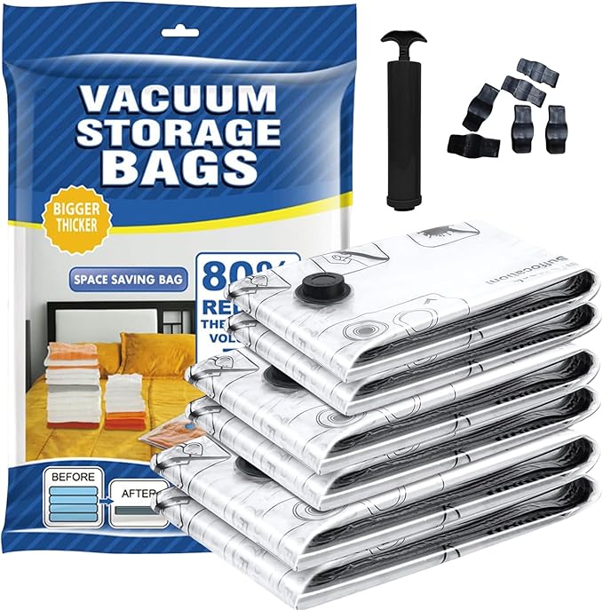 6 Pack Vacuum Storage Bag with Hand Pum,Space Saver Bags(2 jumbo,2 medium,2 small) Compression Packing Bags,Vacuum Seal Bags for Clothes Travel Bedding Blanket Pillows Comforters