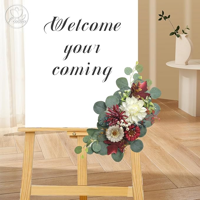 Odouzy Artificial Wedding Arch Flowers for Wedding Sign,Set of 2 for Welcome Ceremony Sign,Faux Floral Swags, Banquet and Reception Backdrop Floral Decoration (White Red)