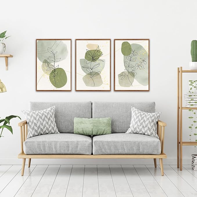 KAlRNE Boho Botanical Framed Canvas Wall Art Set of 3(16”X24”),Abstract Sage Green Wall Decor,Minimalist Watercolor Picture,Modern Geometric Black Line Art Prints For Living Room Bedroom Office
