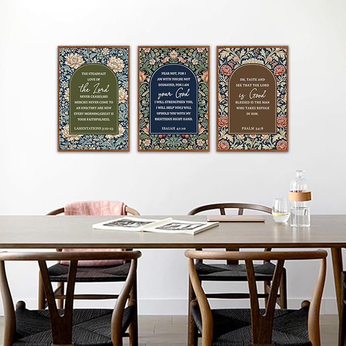 KAlRNE Vintage Christian Floral Framed Canvas Wall Art Set of 3(16”X24”),Boho William Morris Wall Decor,Religious Bible Verse Painting,Inspirational Scripture Art Prints For Living Room Bedroom Church