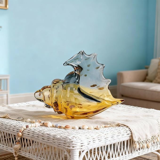 Hand Blown Glass Conch Statues, Gray and Amber Glass Art Figurines, Conch Shells for Coastal Home Decor, Living Room TV Stand and Bookcase Decor, Bathroom Shelf Tops and Cabinet Decor.