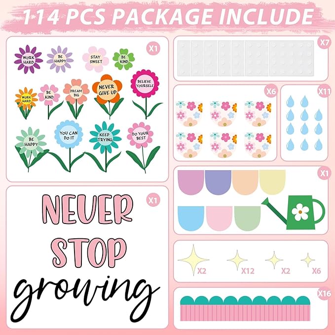 Spring Never Stop Growing Bulletin Board Classroom Decoration Grow Flower Cutouts Positive Paper Cutouts for Teacher Back to School Office Home Chalkboard Spring Inspirational Door Wall Decor Supplies