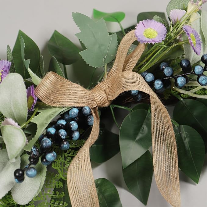 Artificial Flower Swag with Daisies, Berries & Bow, 21.7 Inch Farmhouse Greenery for Wedding, Wall, Door Decor