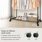 AT-VALY Double Rod Clothing Rack with wheels,Garment Rack for Hanging Clothes,Multi-functional Bedroom Clothes Rack (Black)