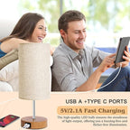 UNIFUN Bedside Lamps 2 Pack - 4 Way Dimmable Touch Nightstand Lamp with USB & Type-C Charging Port, Small Wood Base with Round Linen Fabric Shade for Bedroom, Living Room
