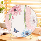 KAMMAK Ceramic Decorative Plate Set of 2, Porcelain Plates for Kitchen Dining Room Wine Cabinet Home Decor, Vintage Collector Plates with 2 Display Stand, Pink (8-inch + 10.5-inch)