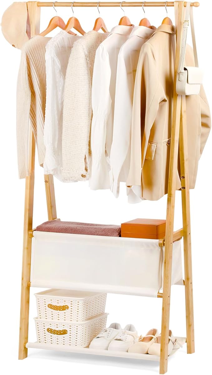 Bamboo Clothes Rack with Storage Box and Storage Shelf, Portable Extra Large Garment Rack Clothing Rack, Foldable Wardrobe For Entryway and Bed Room (S - 31.5 Inch)