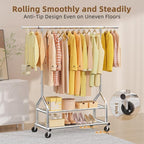 EAGMAK Heavy Duty Clothes Rack Load 556 LBS, Rolling Clothing Rack With Shelves, Height Adjustable Metal Clothes Hanger with Wheels Portable Wardrobe Organizer Garment Rod for Hanging Clothes (Silver)