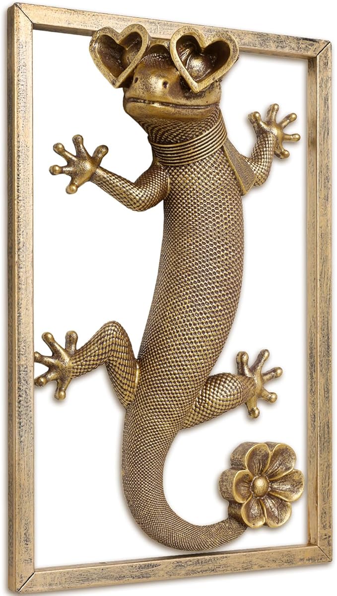 Newinhome Animal Heads Wall Decor (Includes Metal Frame) Resin Animals Sculptures Head Wall Hanging Decoration Gold vintage Wall Sculpture for Living Room Bedroom Office(Lizard)