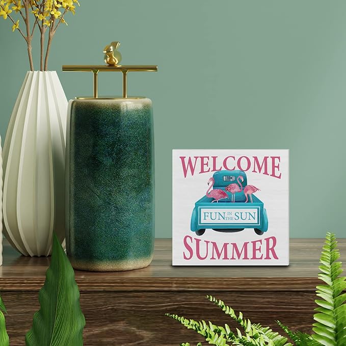 Country Flamingo Truck Wood Box Sign Decor Desk Sign Welcome Summer Quote Flamingo Wooden Box Block Sign Rustic Home Shelf Wall Decoration