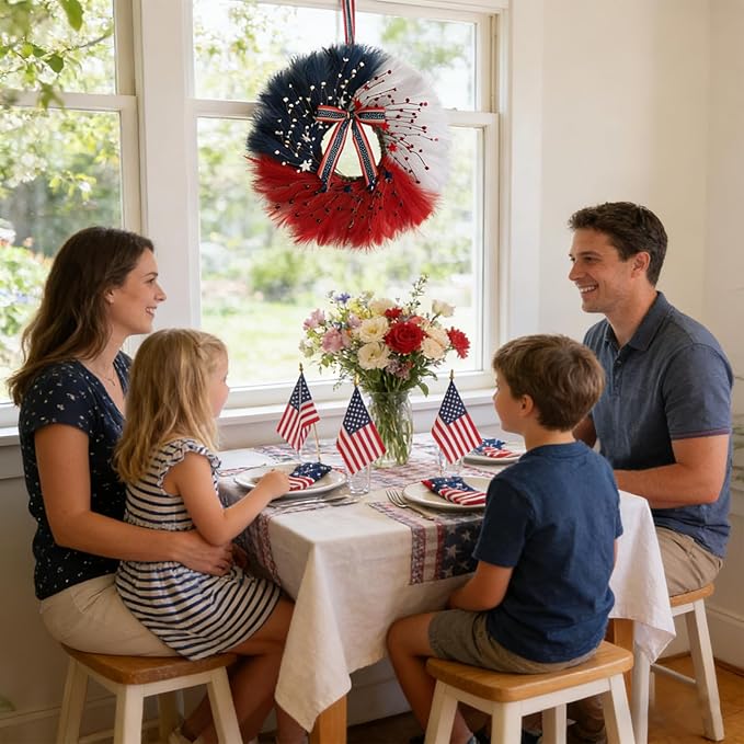 TEMPUS 30 Inch Patriotic Wreath for Front Door, Artificial Pampas Grass Reeds Wreath with Red White Blue Berries and Metal Stars, 4th of July Memorial Day Decor