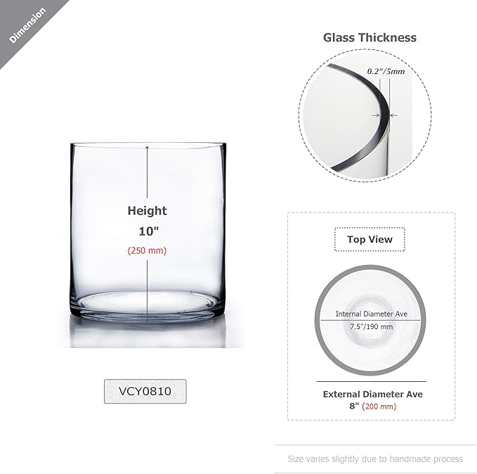 WGV Cylinder Vase Bulk, Width 8", Height 10", Clear Wide Large Diameter Flower Glassware, Floral Container, Planter Terrarium for Wedding Party Event, Home Accent Decor, 6 Pieces