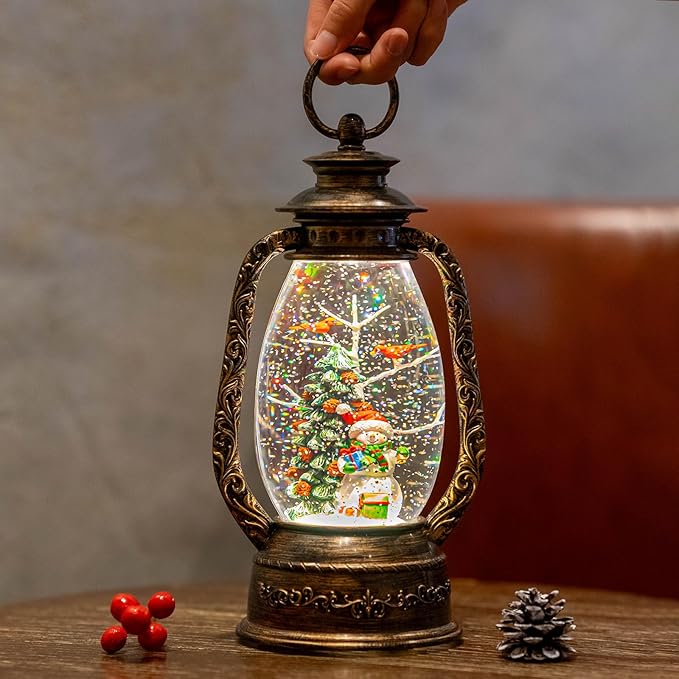 Christmas Snow Globe Lantern Water Glittering Snowman with Christmas Tree, USB Lined/Battery Operated Lighted Lantern for Christmas Festival Decoration Gifts