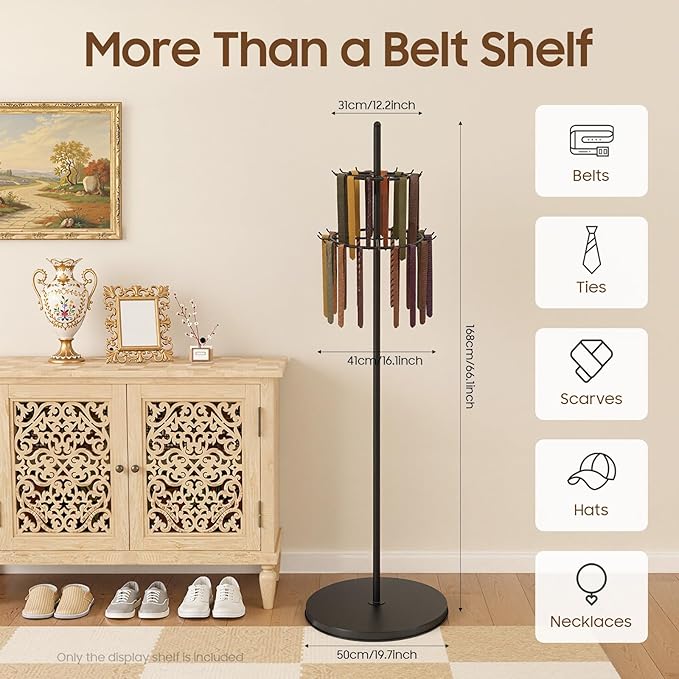 Floor Standing Belt Display, 66 Inch Tie Rack Belt Display Shelf with 31 Hooks, Adjustable Feet Belt Display Stand for Clothing Stores, Retail Stores (Black)