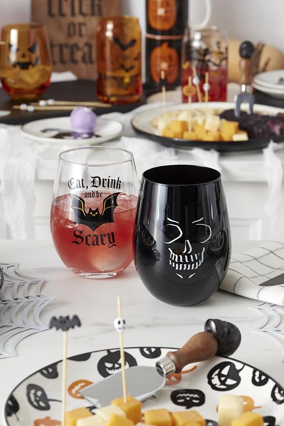 Oneida Barware, Vintro Halloween Stemless Wine Glasses, Set of 4, Dishwasher Safe, Made of Glass, Spooky Drinking Glasses Set, Halloween Decor Indoor, Skeletons and Bats as Design (4 Piece, 18 Oz)